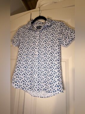 Cactus White Button-Down Shirt with Blue Floral Print